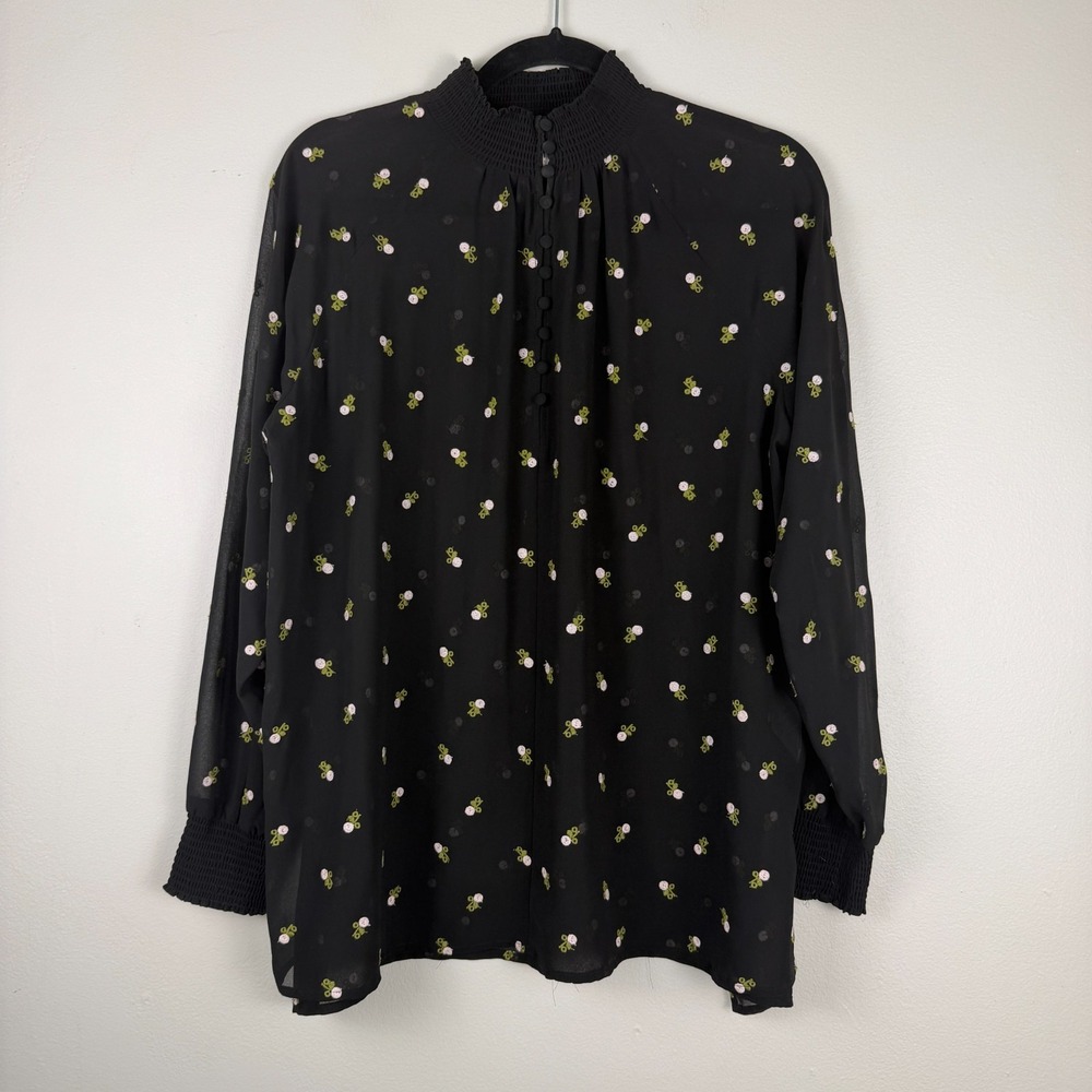 Cabi Blouse Women's Small Black Floral Embroidered Sheer Long Sleeve Cottagecore